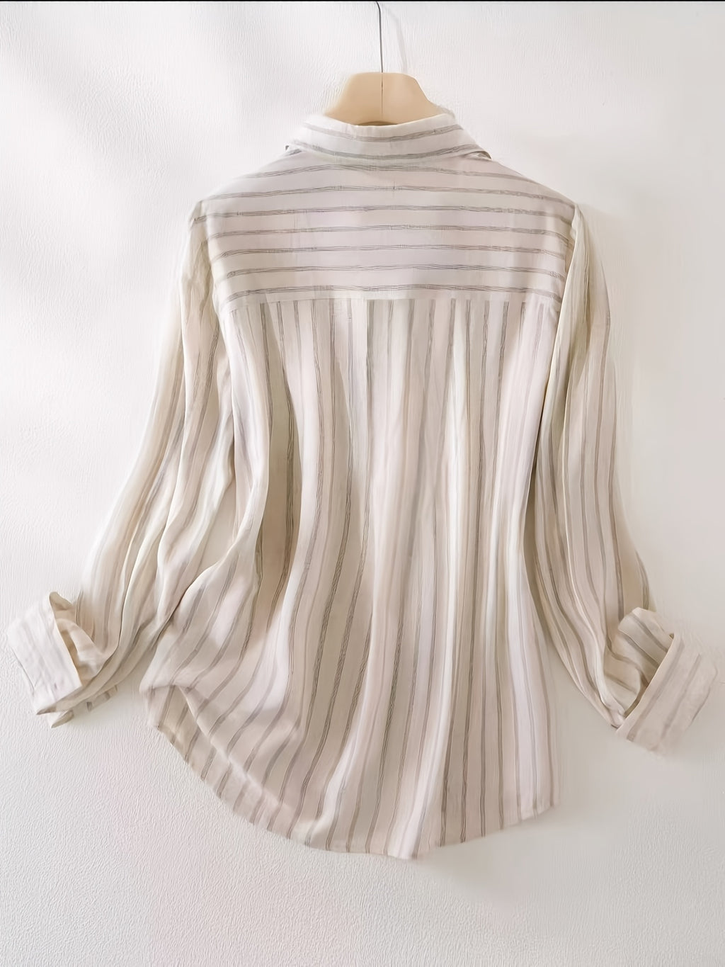 Elegant Striped Color-Blocked Lapel Shirt for Women, Featuring a Single-Breasted Design And Long Sleeves, Perfect for Spring And Autumn Fashion - Apricot Strips