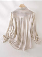 Elegant Striped Color-Blocked Lapel Shirt for Women, Featuring a Single-Breasted Design And Long Sleeves, Perfect for Spring And Autumn Fashion - Apricot Strips