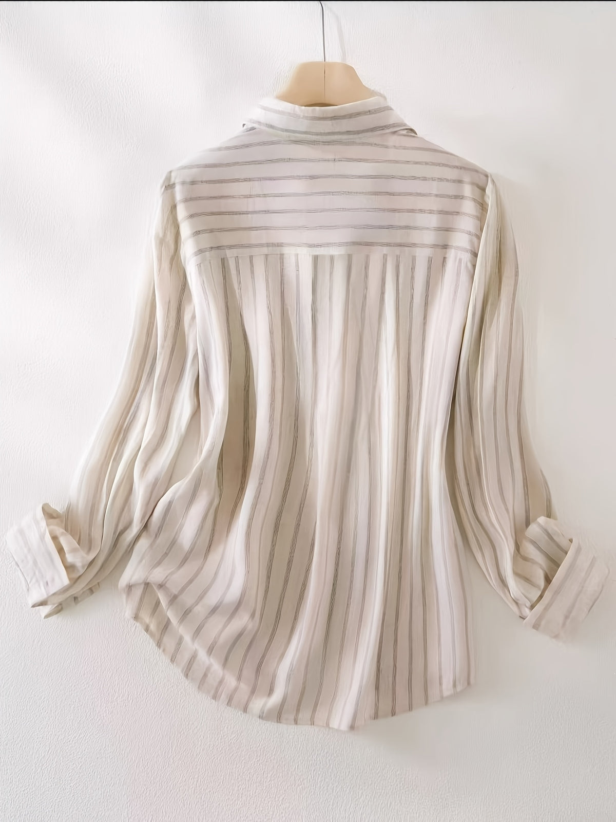 Elegant Striped Color-Blocked Lapel Shirt for Women, Featuring a Single-Breasted Design And Long Sleeves, Perfect for Spring And Autumn Fashion - Apricot Strips
