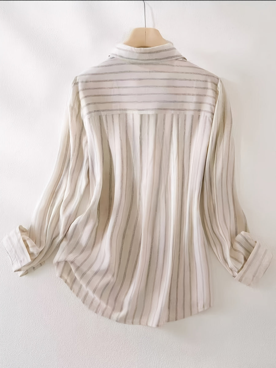 Elegant Striped Color-Blocked Lapel Shirt for Women, Featuring a Single-Breasted Design And Long Sleeves, Perfect for Spring And Autumn Fashion - Apricot Strips