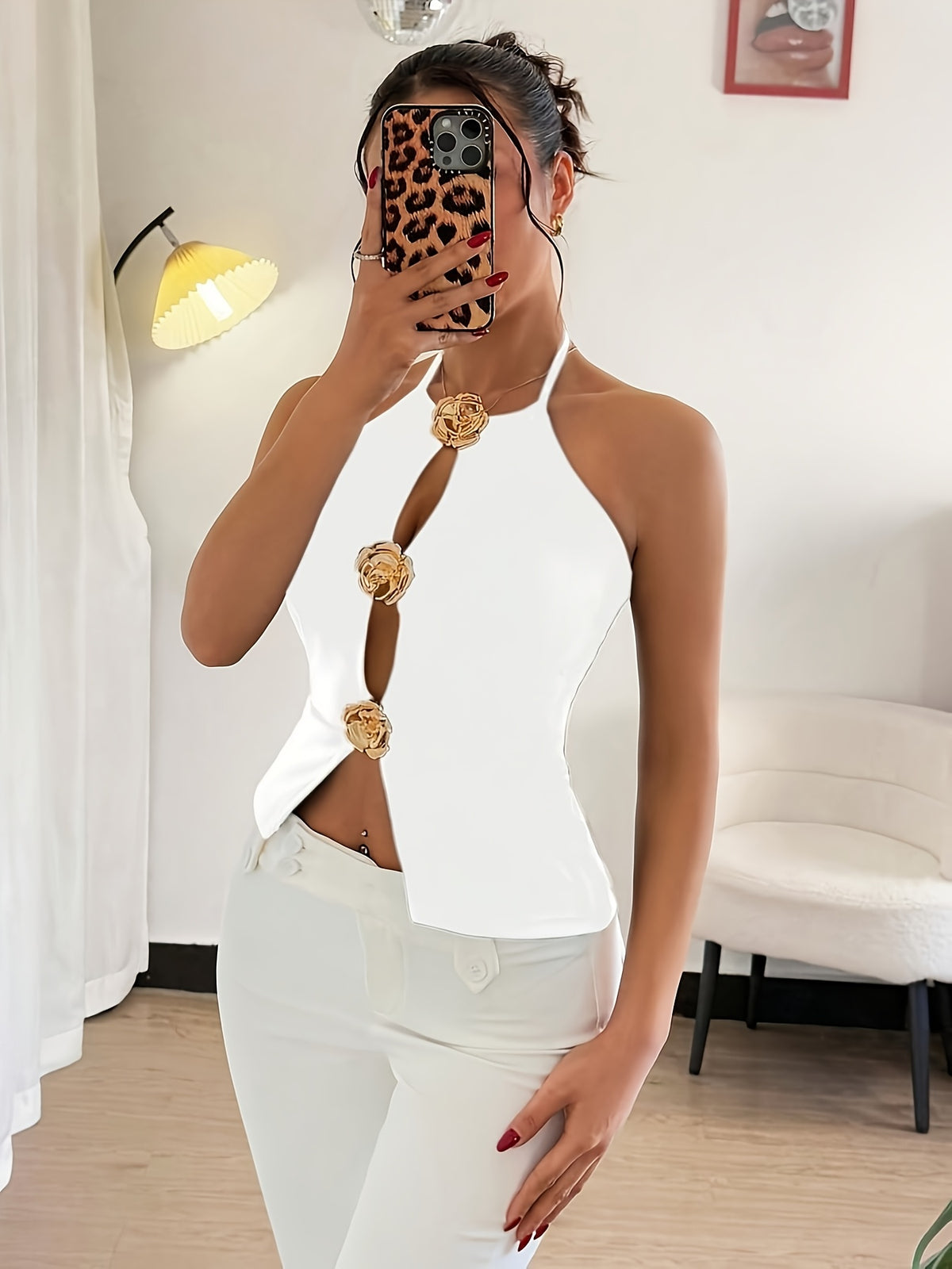 Summer Sexy Holiday Vacation Metallic 3D Floral Embellishment Hollow Out Casual Cami Dress Women'S Clothing - White