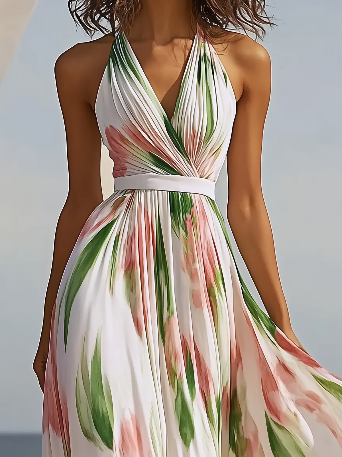 Women's French-Style Halter Neck Dress - Backless A-Line Beach Dress with Pink Floral Print & Cinched Waist, White Suitable for Vacations, Garden Parties, Weddings, Prom - Machine Washable Bohemian Dress - pink