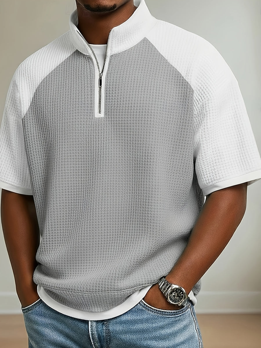 Men's New Summer Waffle Knit POLO Shirt, Casual Loose Fit Breathable Short Sleeve Zipper Half-Open Placket Color Block Patchwork Top with Raglan Sleeves, 2-in-1 Look T-shirt - Grey
