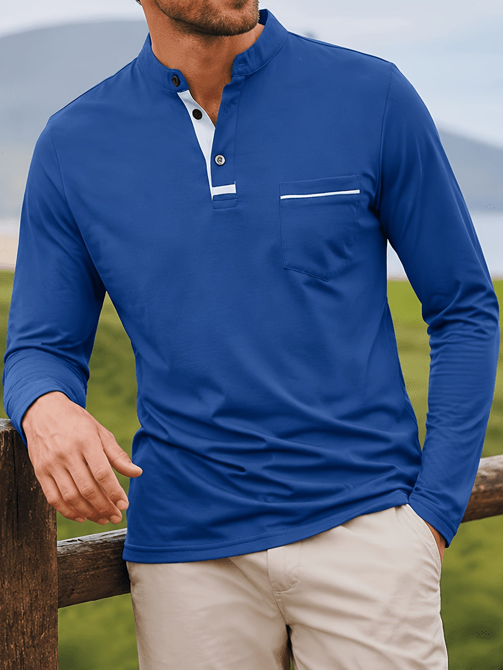 2pcs Men's Stand Collar Long Sleeve Henley Shirt, Casual Half-Button T-Shirt with Pockets, Lightweight and Breathable Stand Collar Pullover Top, Suitable for Daily, Office, and Outdoor Scenes - Sea blue + white