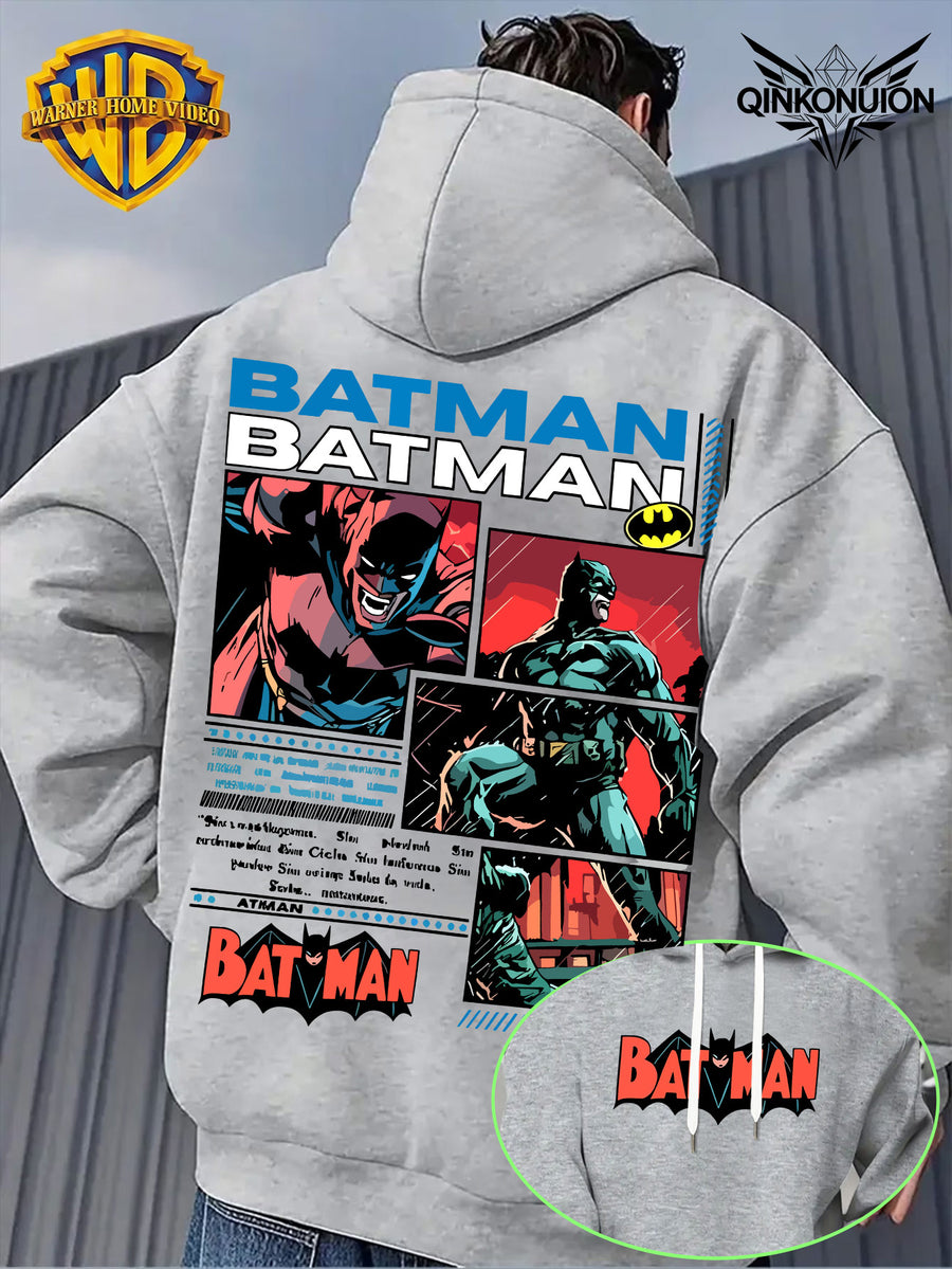 Warner Official Men'S Retro Comic Style Batman Hot-Blooded Trendy Printed Drawstring Hoodie, Warm And Machine Washable for Autumn And Winter, Multifunctional Street Sports And Leisure Loose Edition - Light Grey