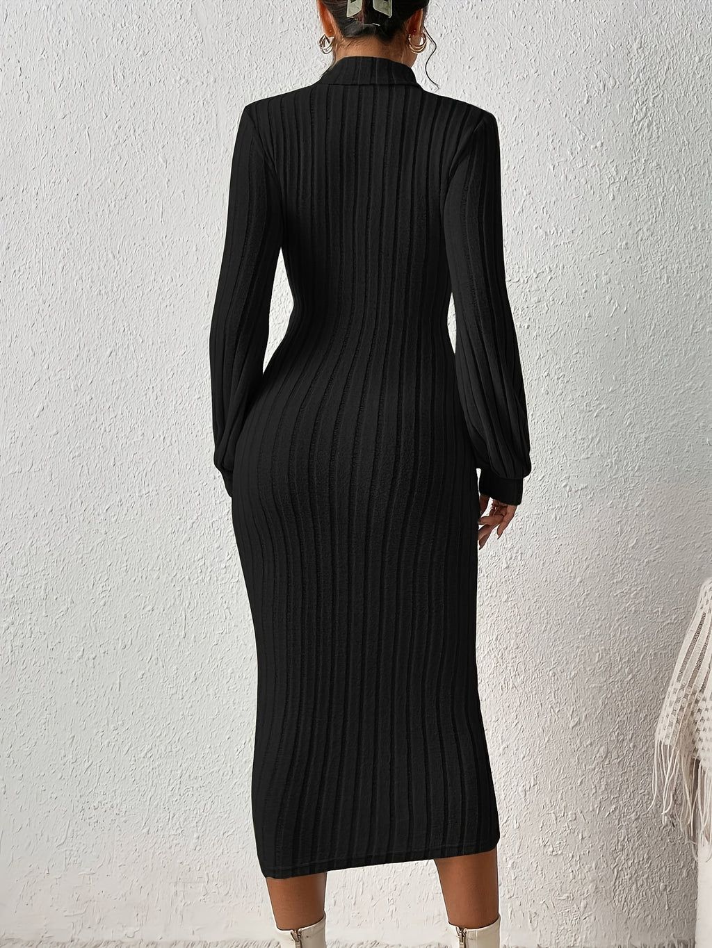 Solid Color Ribbed Bodycon Dress, Elegant High-Neck Long Sleeve Dress for Women - Black