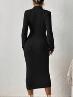 Solid Color Ribbed Bodycon Dress, Elegant High-Neck Long Sleeve Dress for Women - Black