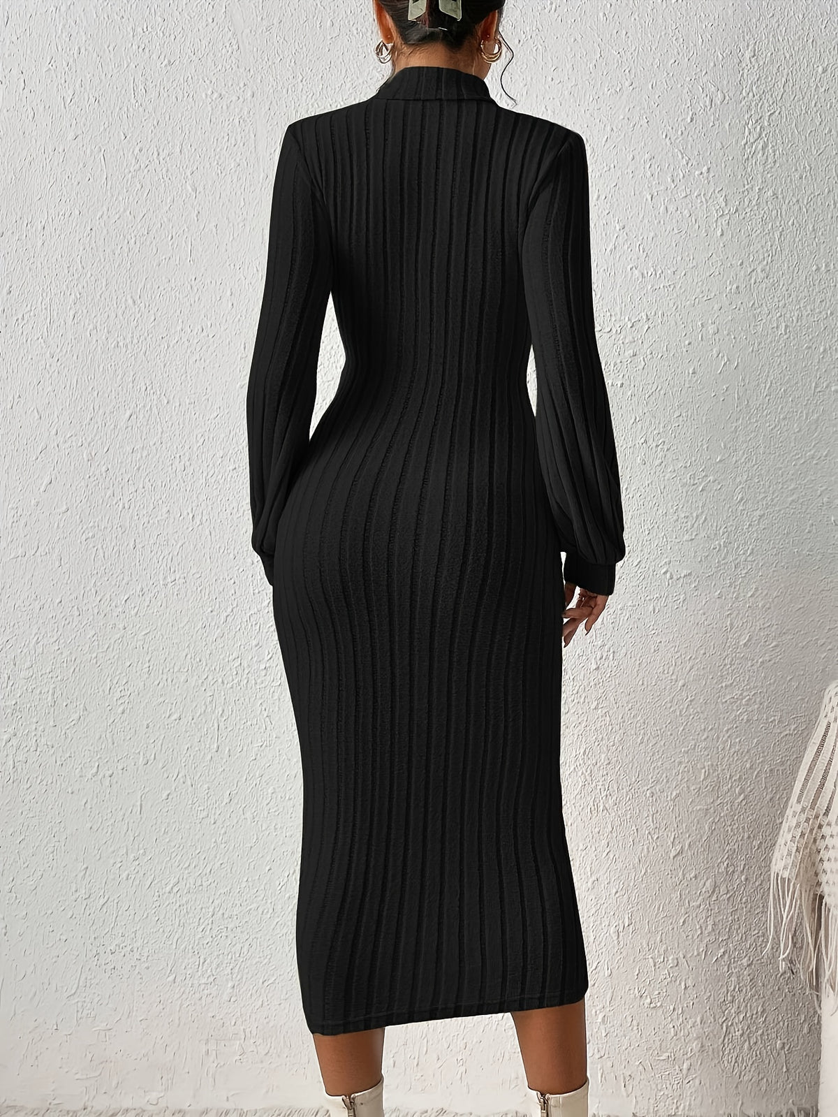 Solid Color Ribbed Bodycon Dress, Elegant High-Neck Long Sleeve Dress for Women - Black