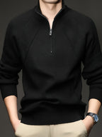 Men's Half-Zip Stand Collar Knit Sweater, Long Sleeve Pullover, Ribbed Neckline, Cuffs, and Hem, Suitable for Spring and Autumn as a Standalone Piece, Can Be Layered in Winter - SINBOS - Black