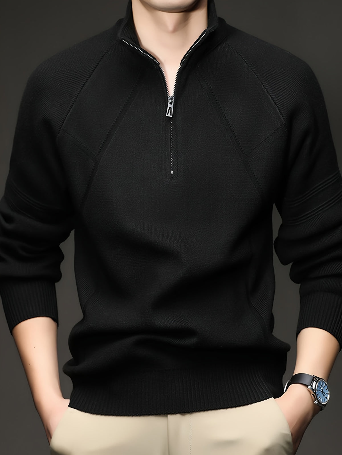 Men's Half-Zip Stand Collar Knit Sweater, Long Sleeve Pullover, Ribbed Neckline, Cuffs, and Hem, Suitable for Spring and Autumn as a Standalone Piece, Can Be Layered in Winter - SINBOS - Black