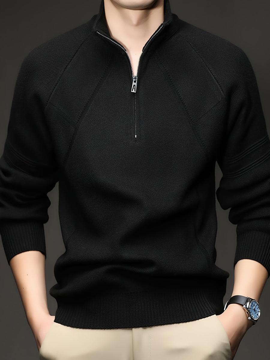 Men's Half-Zip Stand Collar Knit Sweater, Long Sleeve Pullover, Ribbed Neckline, Cuffs, and Hem, Suitable for Spring and Autumn as a Standalone Piece, Can Be Layered in Winter - SINBOS - Black