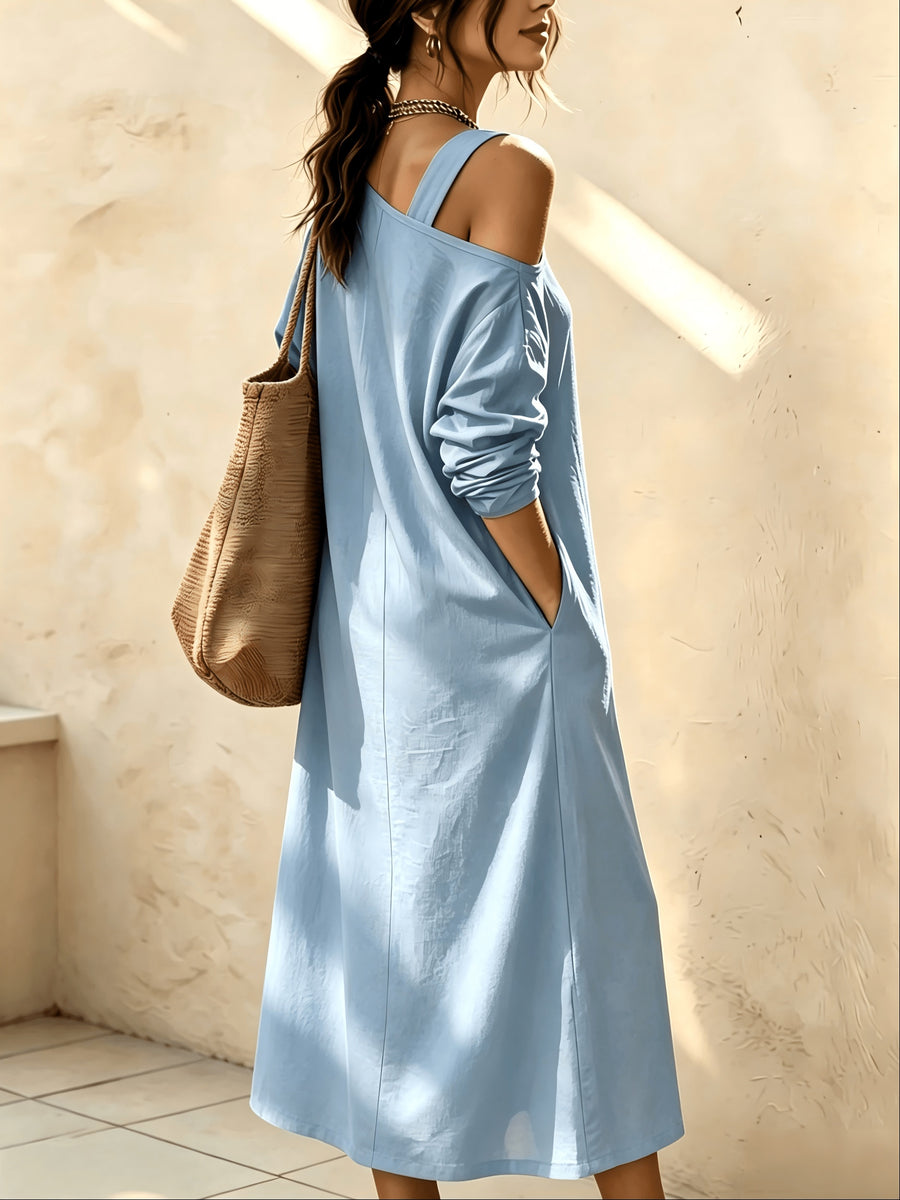 Women's Asymmetric Off-Shoulder Long Dress, Casual Long Sleeve Loose Split Midi Dress with Pockets, Suitable for Daily Commuting, Vacation, and Office Wear - Sky Blue