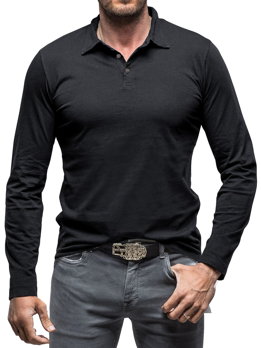 New Style Lapel European And American Style Men'S T-Shirt, Solid Color, Cross-Border Foreign Trade Men'S Long-Sleeve Polo Shirt - Black