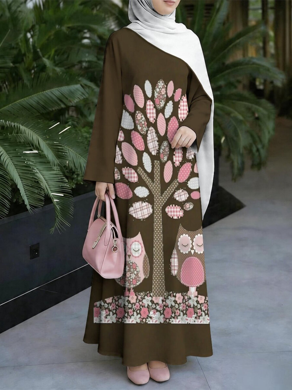 Women'S Hot Middle Eastern Style Muslim Elegant Robe, Brown Background Cartoon Trees And Owls Fun Printed Robe, Loose Straight Long Sleeve, Holiday Prayer Shopping Wear, Flowing Comfortable Non- Craft - Mixed colors