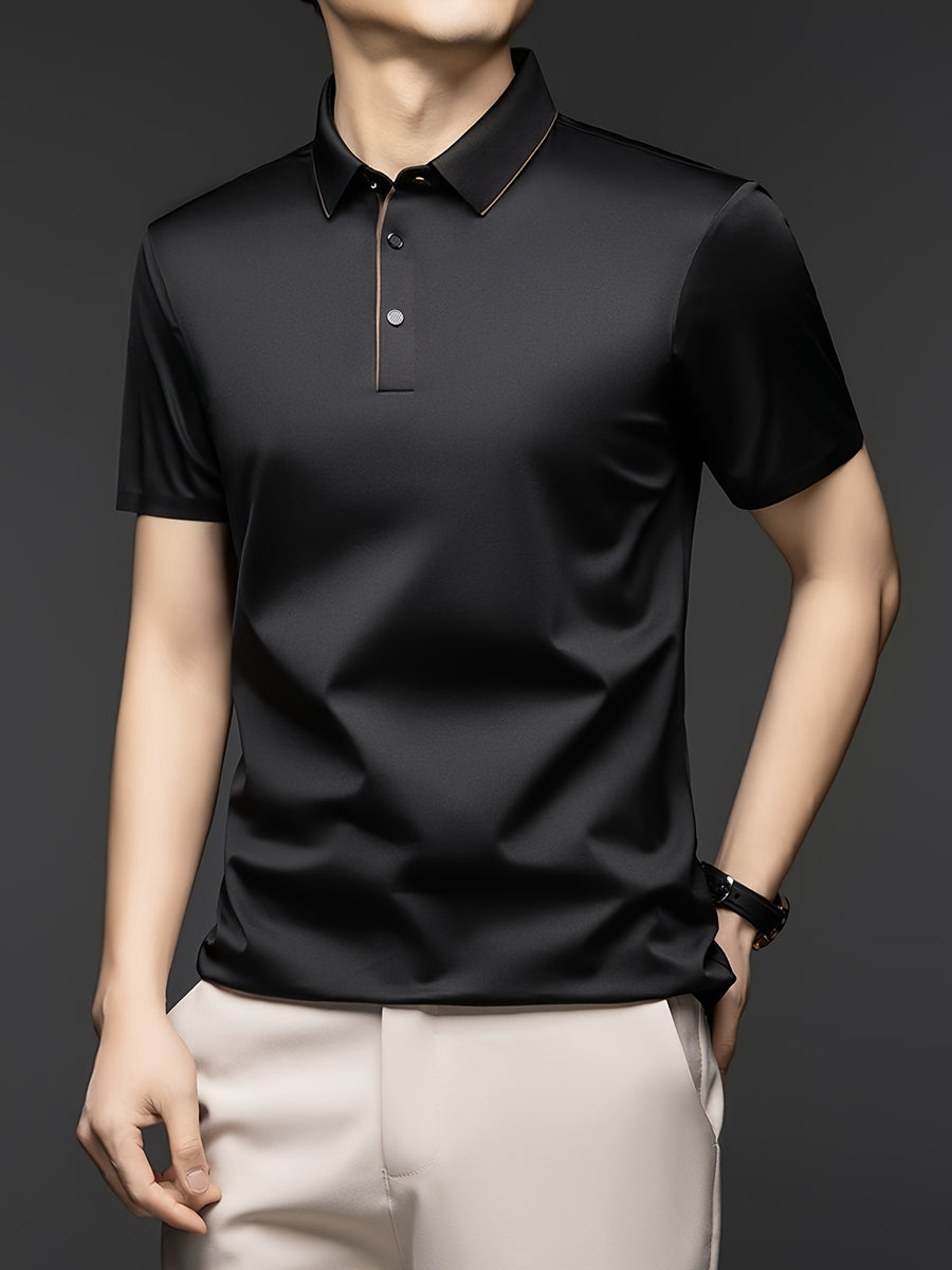 [Shule Water OBM] Summer New Men'S Casual T-Shirt Polo Shirt Mid-Age Solid Color Lapel Short Sleeve Seamless T-Shirt - Black