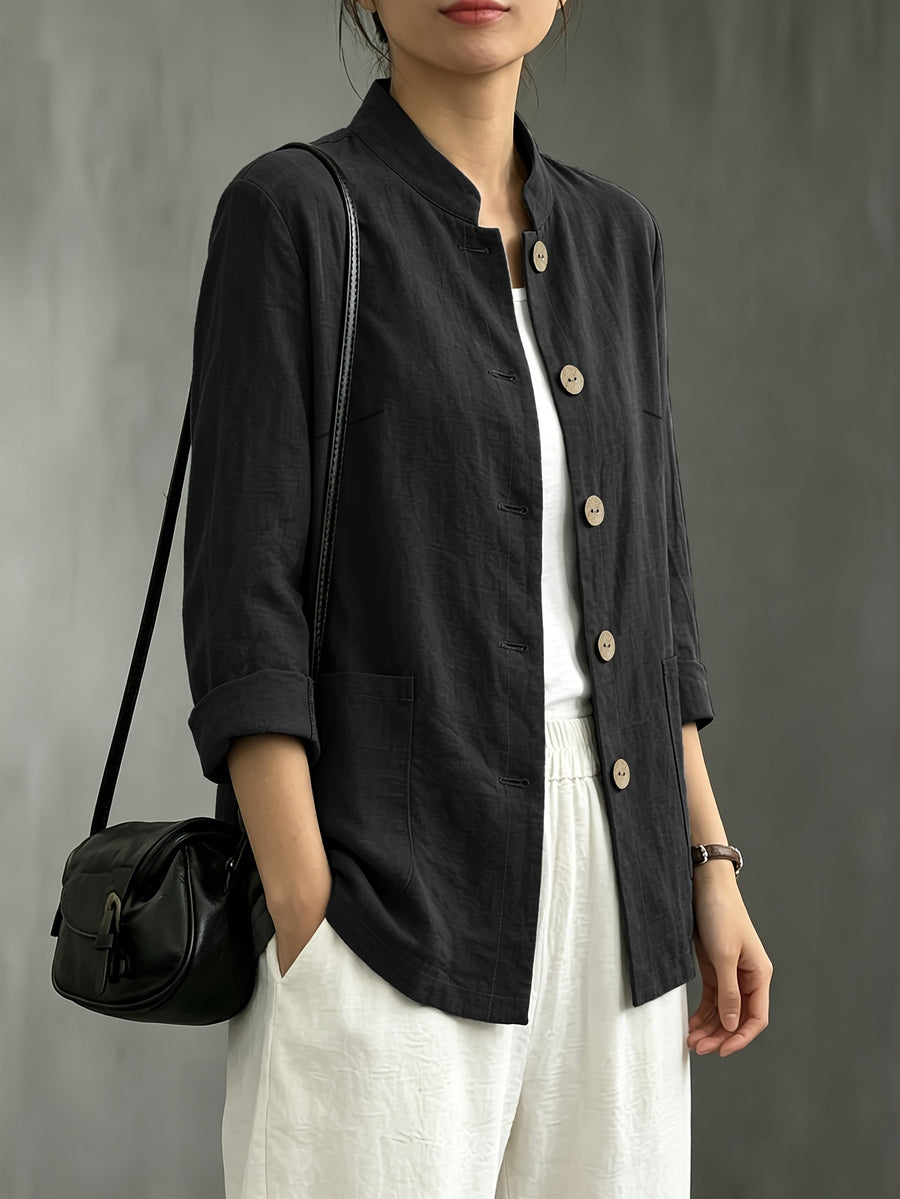 Chinese Style Small Lapel Three-Quarter Sleeve, Relaxed Style Breathable Casual Vacation All-Match Jacket - Black