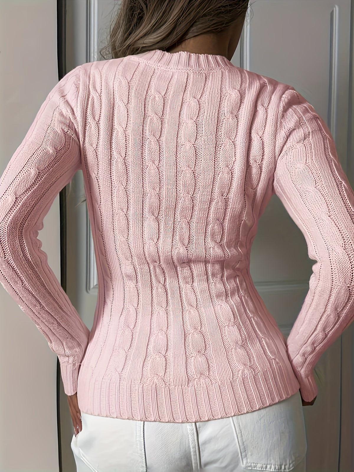 Elegant Ladies' V-neck Long Sleeve Slim Fit Cardigan | Autumn/Winter Collection with Embroidered Details - Pink Color