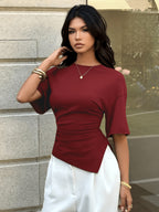 Women'S Casual Summer T-Shirt, Round Neck Mid-Waist Irregular Hem Versatile Commuter Style Women'S Top, Round Neck Short Sleeve Design, Waist Ruched Irregular Hem, Waist-Cinching Fit, Easy Commuter Style, Waist-Defining Design - Burgundy