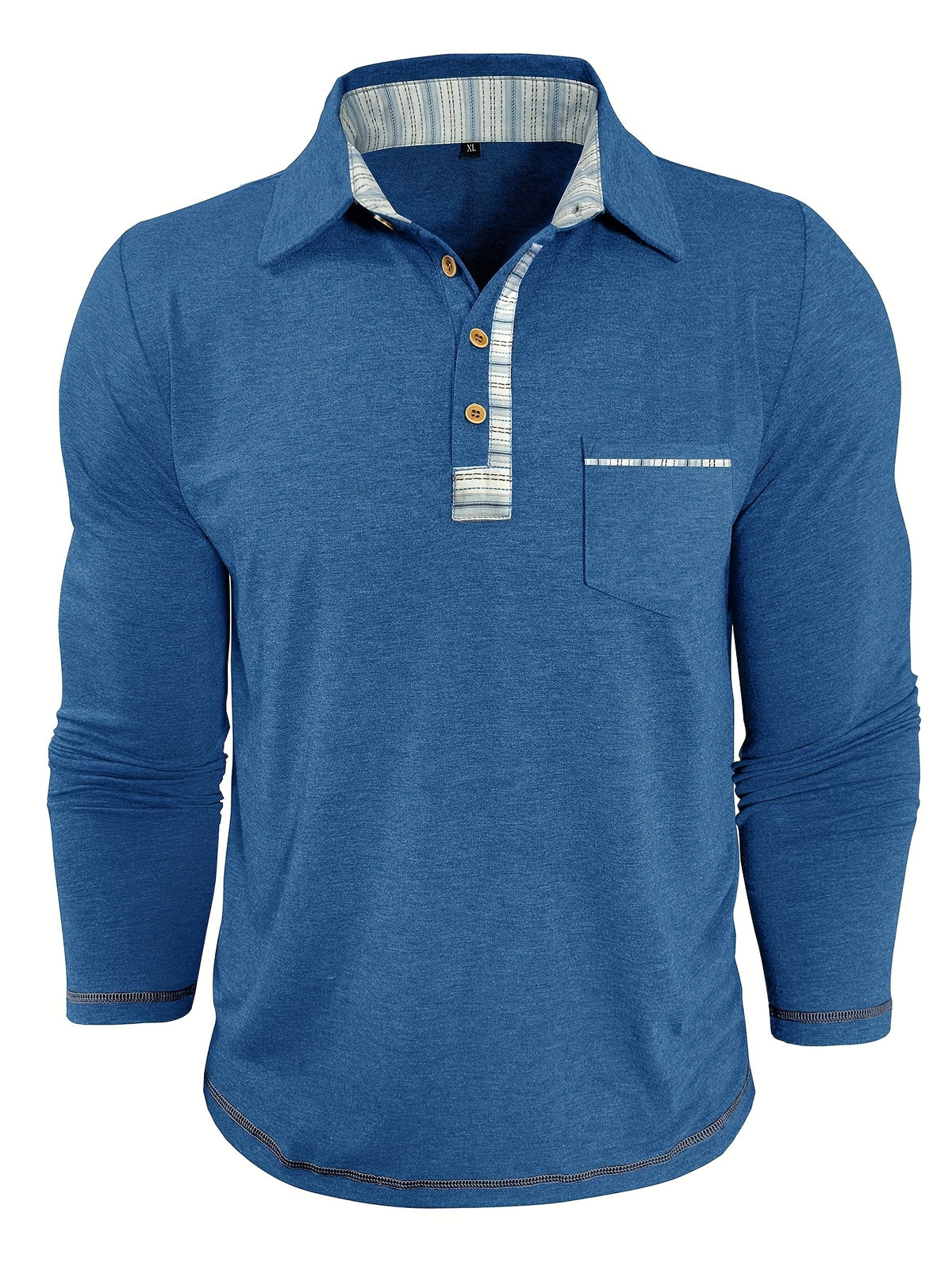 Men'S Retro Trendy Fashion Lapel Long Sleeve Polo Shirt, Casual Stylish Pocket Top T-Shirt - Blue