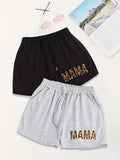 2pcs,Letter Print Drawstring Shorts, Casual Shorts, Women's Clothing - Grey+Black