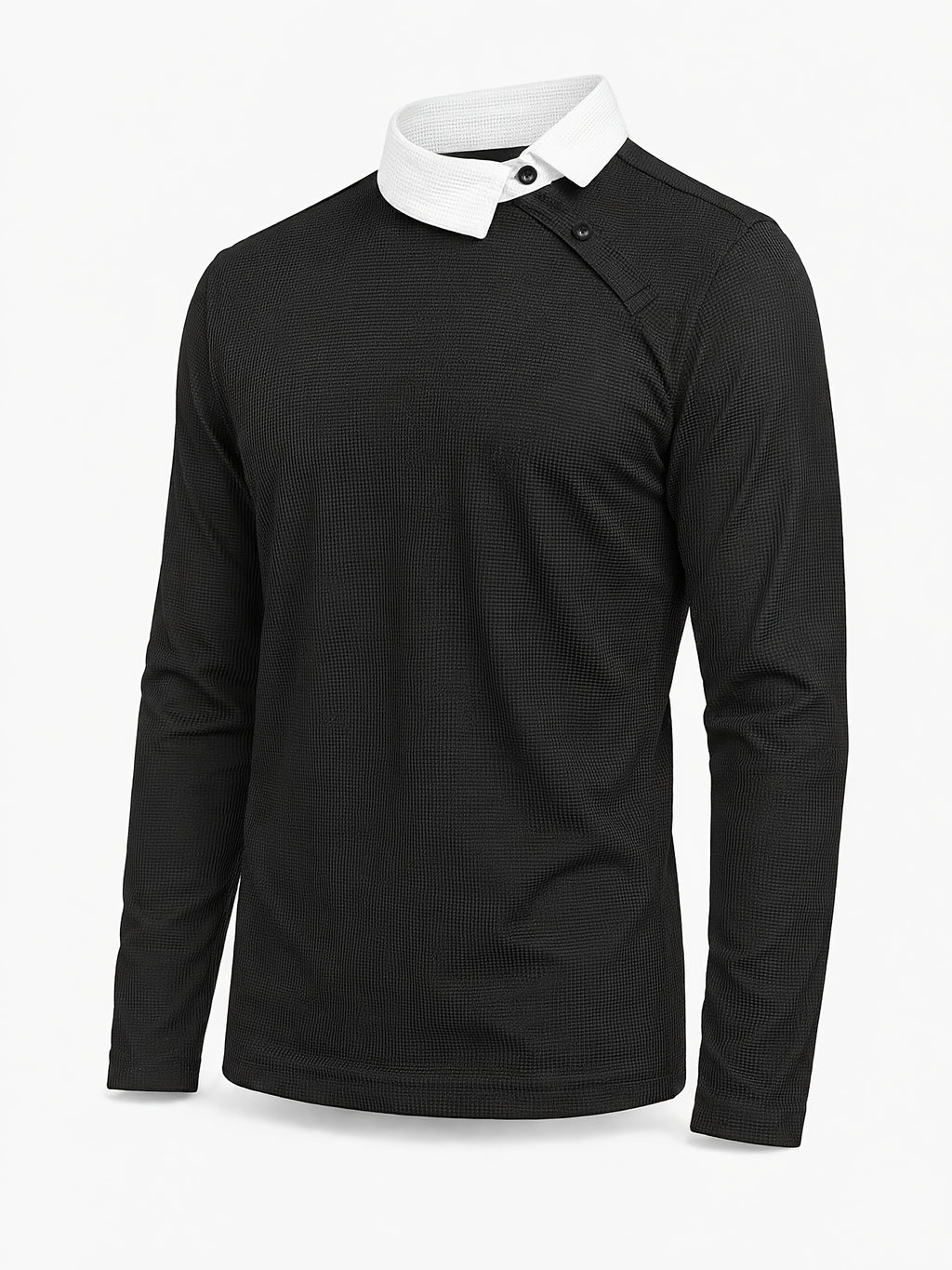 Pearson OBM Christmas Holiday Event, 1pc Adult Men's Multi-Color Fine Waffle Knit Long-Sleeve Lapel Top with Contrast Collar, Dual Black Buttons, and Asymmetrical Slanted Placket Design, Vintage Street-Style Light Luxury Look, Comfortable Fit - Black
