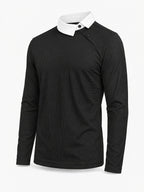 Pearson OBM Christmas Holiday Event, 1pc Adult Men's Multi-Color Fine Waffle Knit Long-Sleeve Lapel Top with Contrast Collar, Dual Black Buttons, and Asymmetrical Slanted Placket Design, Vintage Street-Style Light Luxury Look, Comfortable Fit - Black