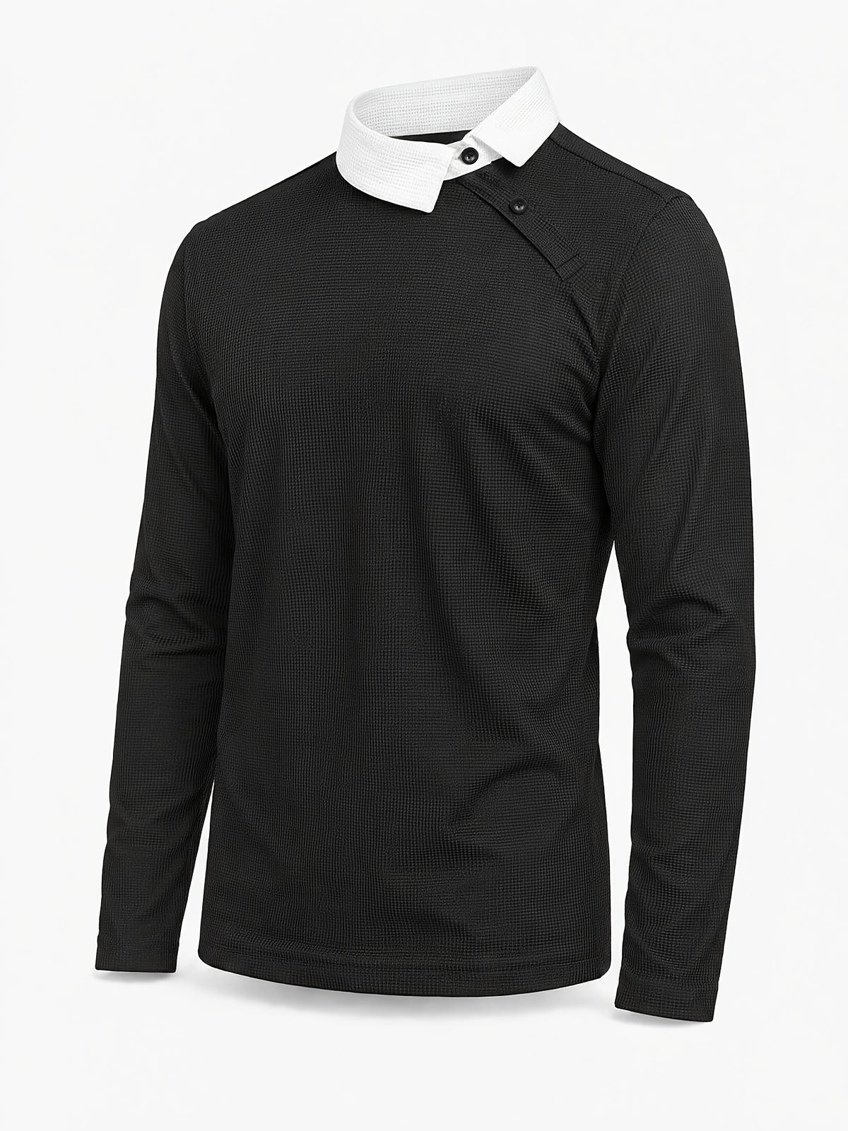 Pearson OBM Christmas Holiday Event, 1pc Adult Men's Multi-Color Fine Waffle Knit Long-Sleeve Lapel Top with Contrast Collar, Dual Black Buttons, and Asymmetrical Slanted Placket Design, Vintage Street-Style Light Luxury Look, Comfortable Fit - Black