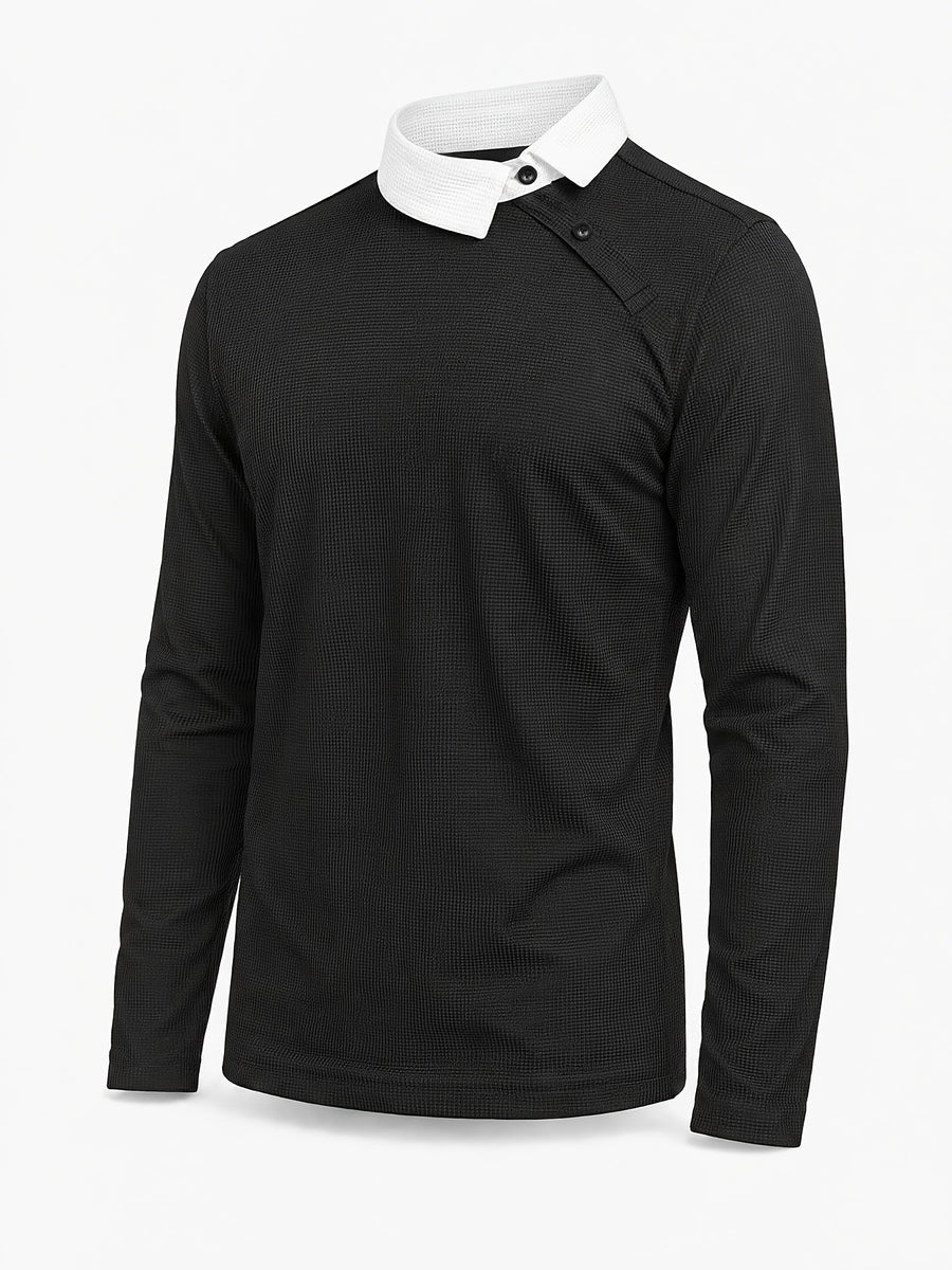 Pearson OBM Christmas Holiday Event, 1pc Adult Men's Multi-Color Fine Waffle Knit Long-Sleeve Lapel Top with Contrast Collar, Dual Black Buttons, and Asymmetrical Slanted Placket Design, Vintage Street-Style Light Luxury Look, Comfortable Fit - Black