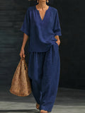 Women's Summer Casual 2pcs Set: Loose V-Neck Top + Wide-Leg Pants - Navy Color