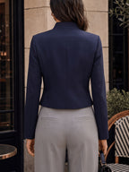 New Style Stand-Up Collar Irregular Slanted Lapel Suit, Solid Color Long Sleeve Cropped Waist-Defined Blazer with Lining - Blue Navy