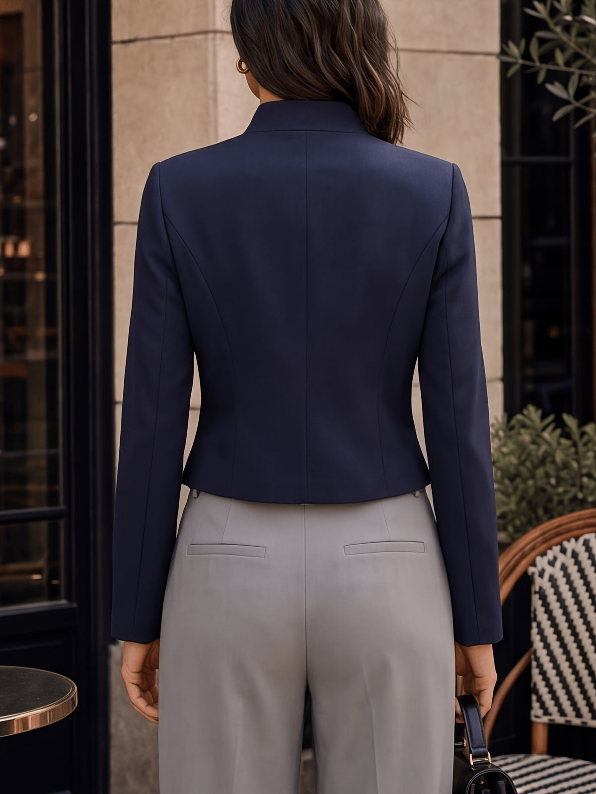 New Style Stand-Up Collar Irregular Slanted Lapel Suit, Solid Color Long Sleeve Cropped Waist-Defined Blazer with Lining - Blue Navy