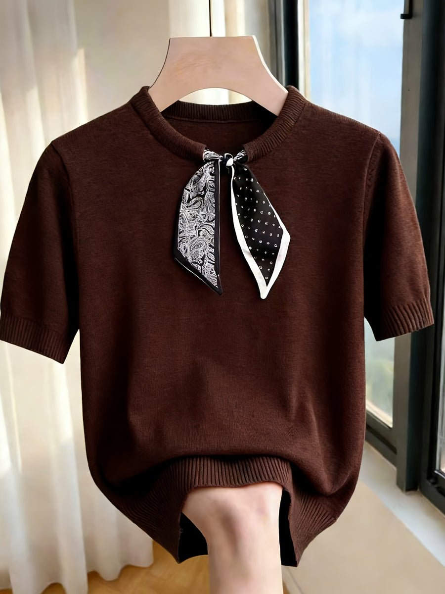 Gray Short-Sleeve Sweater with Scarf Bow Tie Collar - Round Neck Blouse-Compatible Suitable for Layering or Outerwear, Medium Stretch - Sweater for Commuting, Office & Casual Wear, Hand Washable Solid Color - Coffee Color