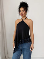 Women'S Halter Cami Top, Solid Lace Patchwork Versatile Off-Shoulder Elegant Halter Cami. Suitable for Dates, Beach, Vacation, Shopping, And Daily Wear - Black