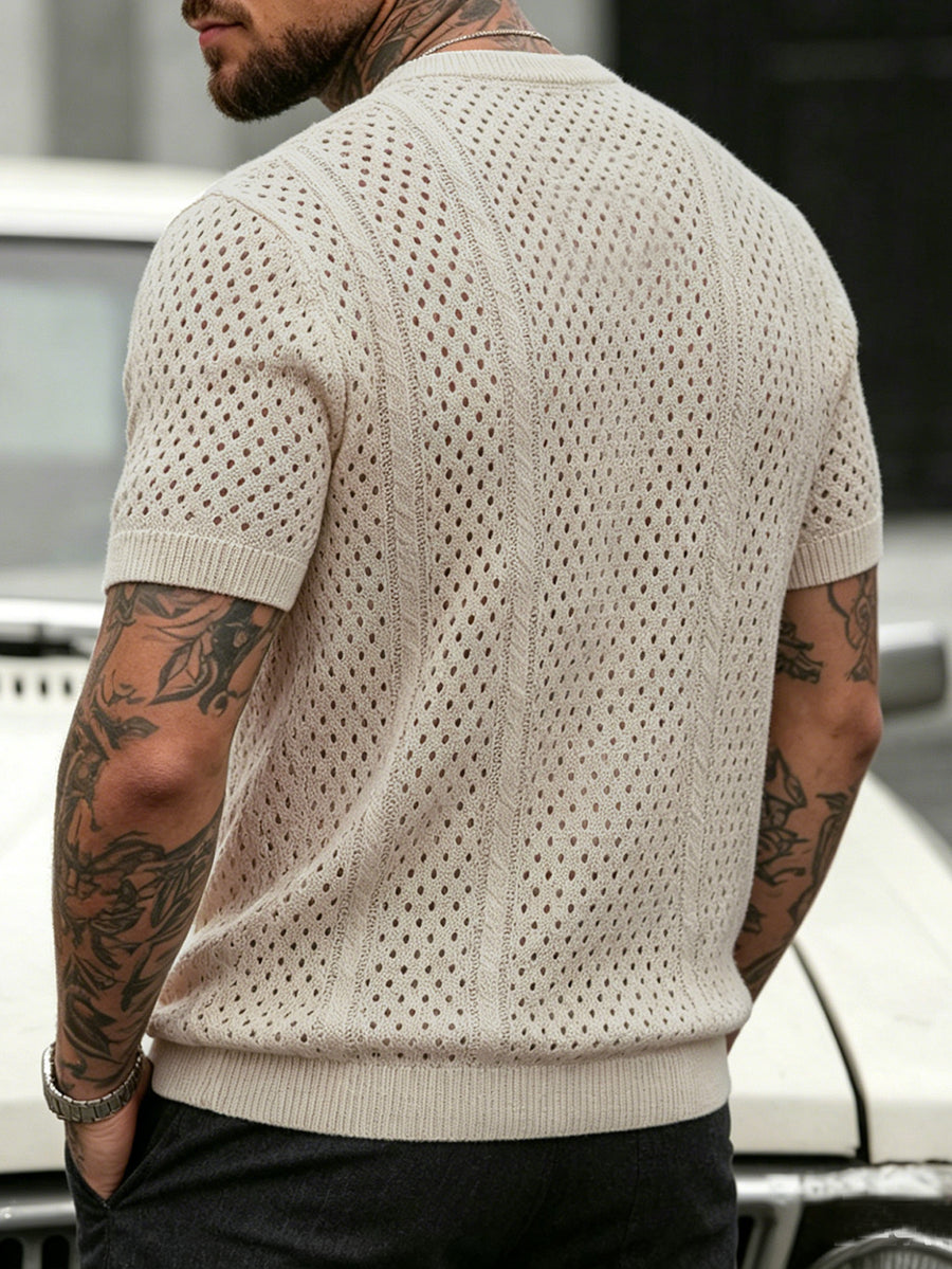 Men'S Sweater, Summer Hollow Short-Sleeve Knit Top, Men'S Comfortable Breathable Round-Neck T-Shirt Sweater, 2026 New Vintage Relaxed Style Top - Apricot