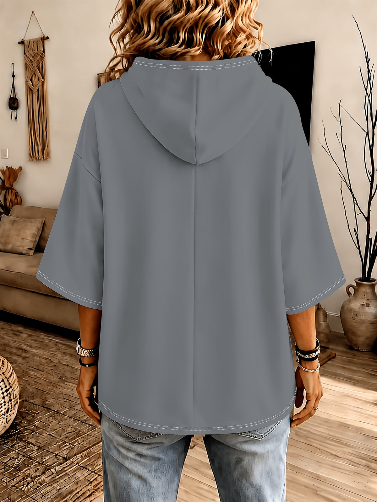 Women's Hooded Top, Dark Gray Loose Drop-Shoulder Sleeves, Hoodie, Women's Fashion Casual Sweatshirt - Dark Gray