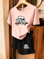 2pcs Women's Summer Short Sleeve Set—Panda Koala Cute Animal Print Short Sleeve Shorts Set, Comfortable, Soft, and Breathable for Sports and Daily Wear, Suitable for Back-to, Campus, Valentine's Day, Women's Pajamas, Jogging, Fitness, and as a Gift - Blush+Black