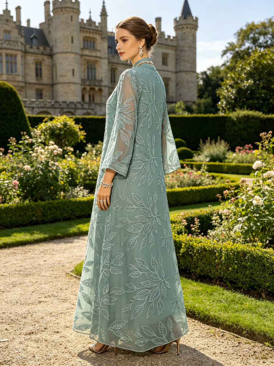Elegant and Dignified Women's Abaya with Heavy Crystal Bead Leaf Embroidery, Luxurious Long Robe - Light Green