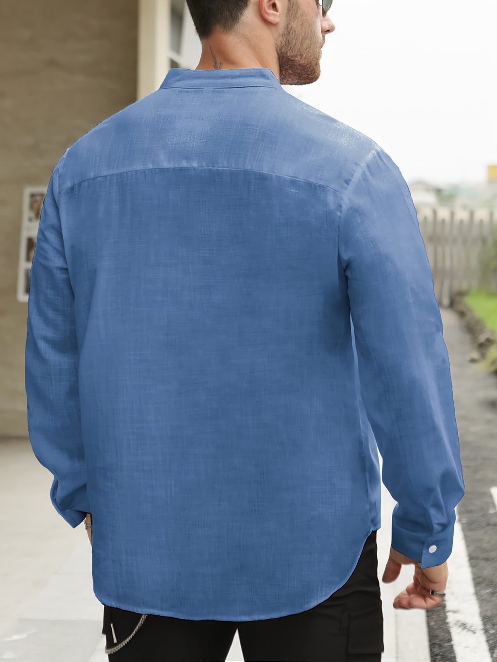 Men's Lightweight Thin Striped Stand Collar Half-Placket Solid Color Long Sleeve Shirt WISH Twill Loose Vintage Shirt - Navy Color