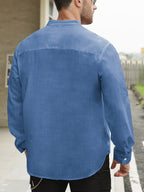 Men's Lightweight Thin Striped Stand Collar Half-Placket Solid Color Long Sleeve Shirt WISH Twill Loose Vintage Shirt - Navy Color