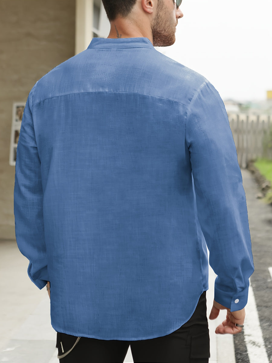 Men's Lightweight Thin Striped Stand Collar Half-Placket Solid Color Long Sleeve Shirt WISH Twill Loose Vintage Shirt - Navy Color