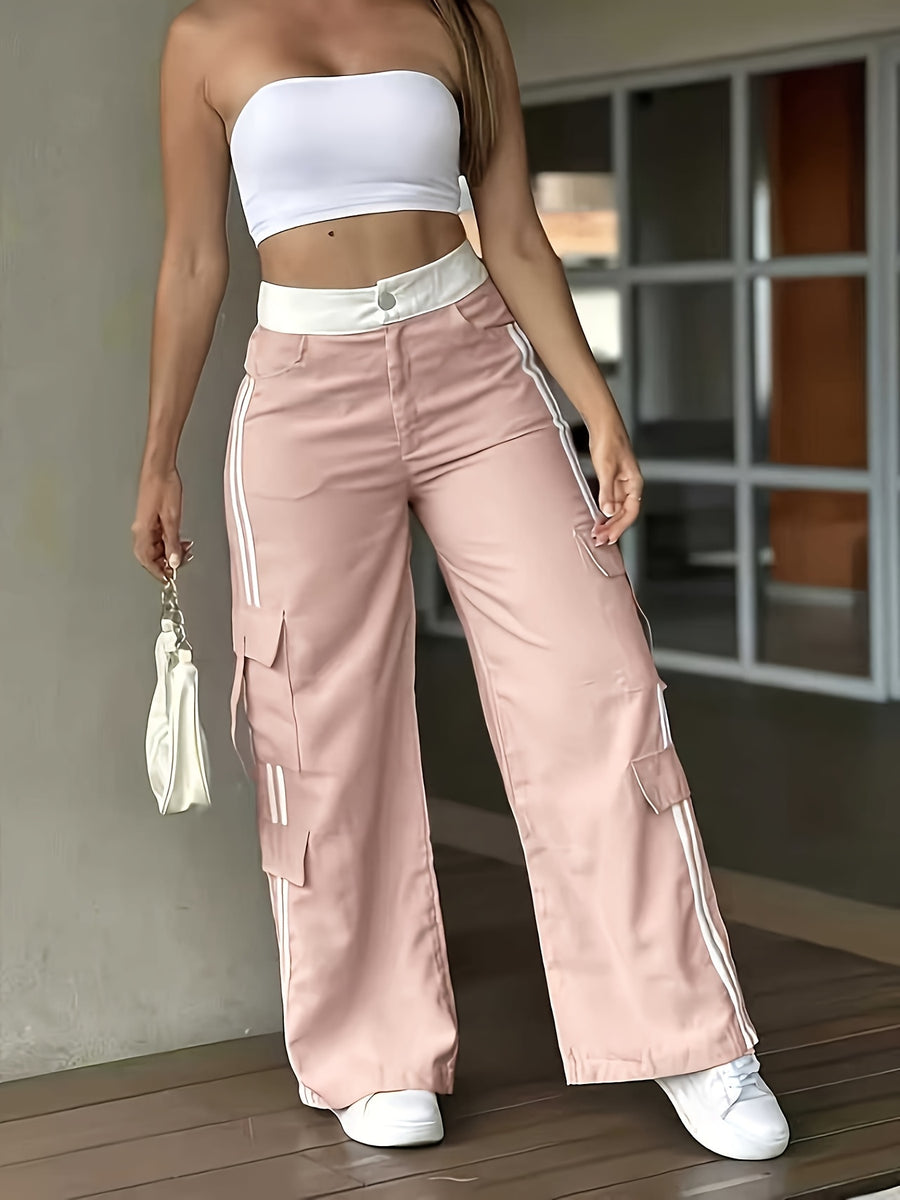 Women'S Casual Cargo Pants with Side Seam Drawstring and Color Block Details | Long Length, Multiple Pockets, Zipper Fly Closure, Loose Fit - Pink Color