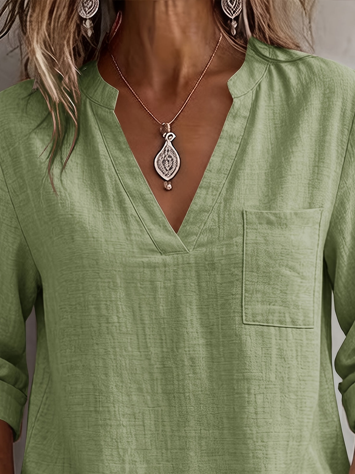 Women'S V-Neck Short Sleeve Shirt, Universal Casual Blouse Top - Matcha Color