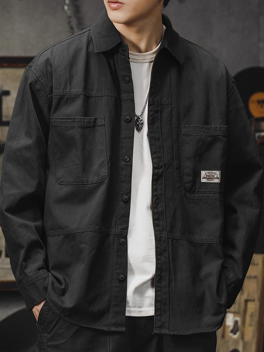 Men'S Cargo Shirt Spring Autumn Long Sleeve Top Vintage Workwear Style Multi-Pocket American Casual Top Outerwear, New Season - Black