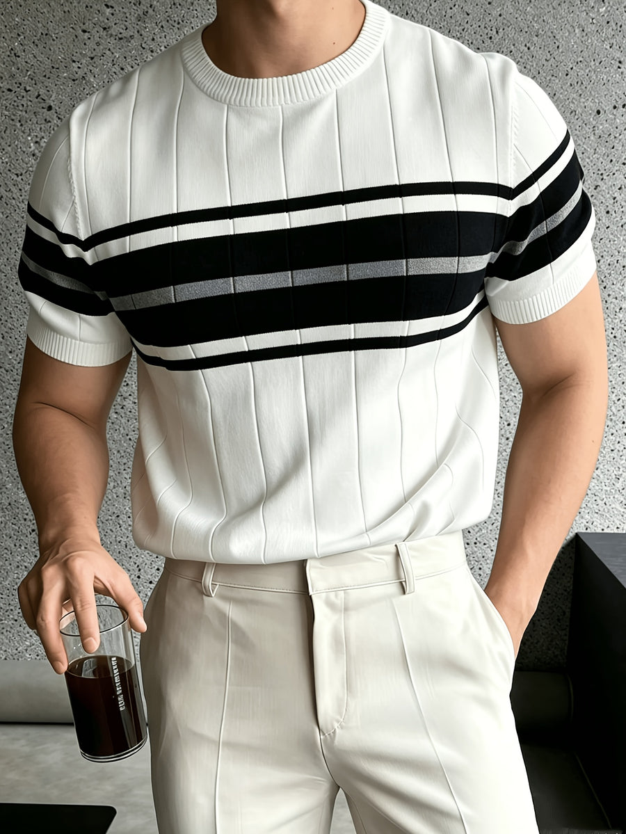 Men'S Color-Block Short-Sleeve Knit Pullover, Regular Round Neck Top, Business Casual Summer New - White