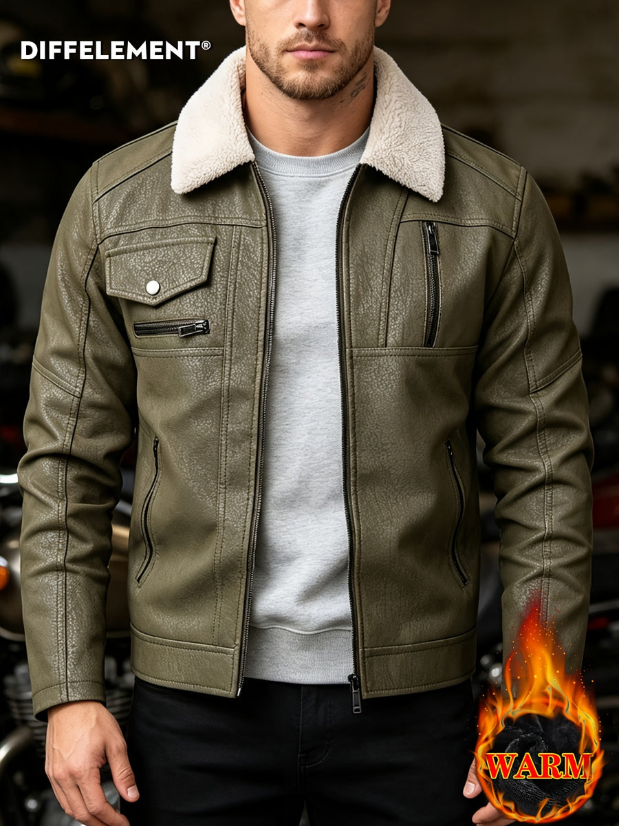 Men's Plush Lapel -Lined PU Motorcycle Jacket with Thickened Warm Lining, Vintage Texture Fabric, Multiple Zipper Pockets, Slim Fit Short Style, Autumn/Winter Riding Commuting American Casual Wear, Wear-Resistant and Windproof Lapel Outerwear Winter - fern green