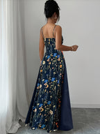 Elegant Floral Print Maxi Dress | French Romantic Spaghetti Strap, Flared Hem, Sleeveless, Backless Detail, Ideal for Spring/Summer - Navy Color