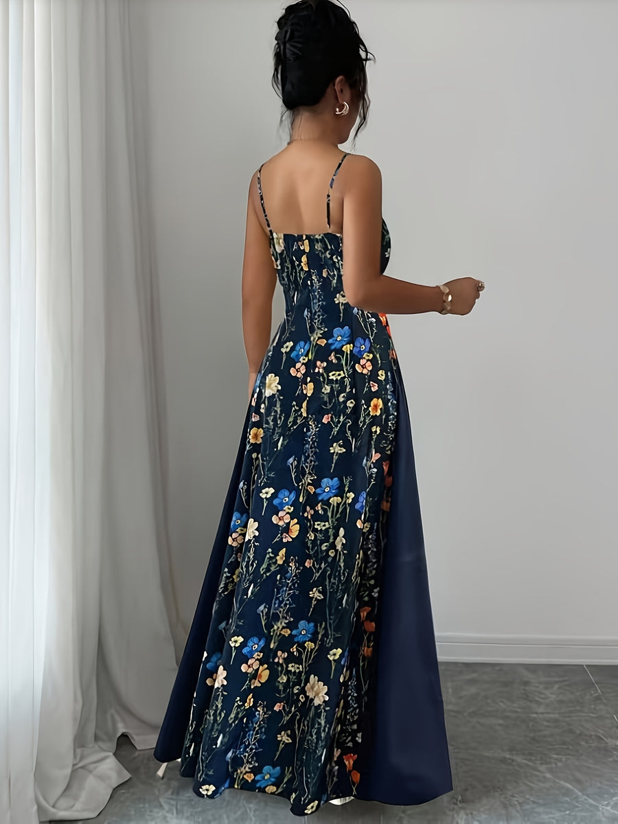 Elegant Floral Print Maxi Dress | French Romantic Spaghetti Strap, Flared Hem, Sleeveless, Backless Detail, Ideal for Spring/Summer - Navy Color