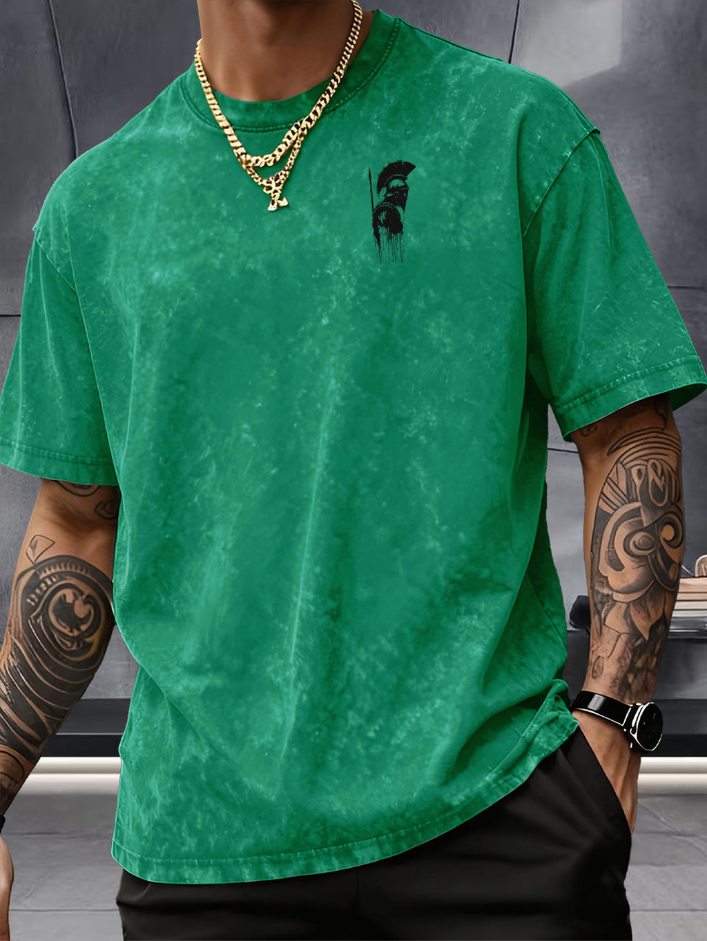 Short Sleeve T-Shirt, 100% Washed Distressed Loose Fit, Front And Back Double Print of Dark Ink Warriors, Casual Street Y2K Hip-Hop Style Couple'S Daily Commute Fitness Outing Statement Top - Green