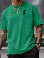 Short Sleeve T-Shirt, 100% Washed Distressed Loose Fit, Front And Back Double Print of Dark Ink Warriors, Casual Street Y2K Hip-Hop Style Couple'S Daily Commute Fitness Outing Statement Top - Green