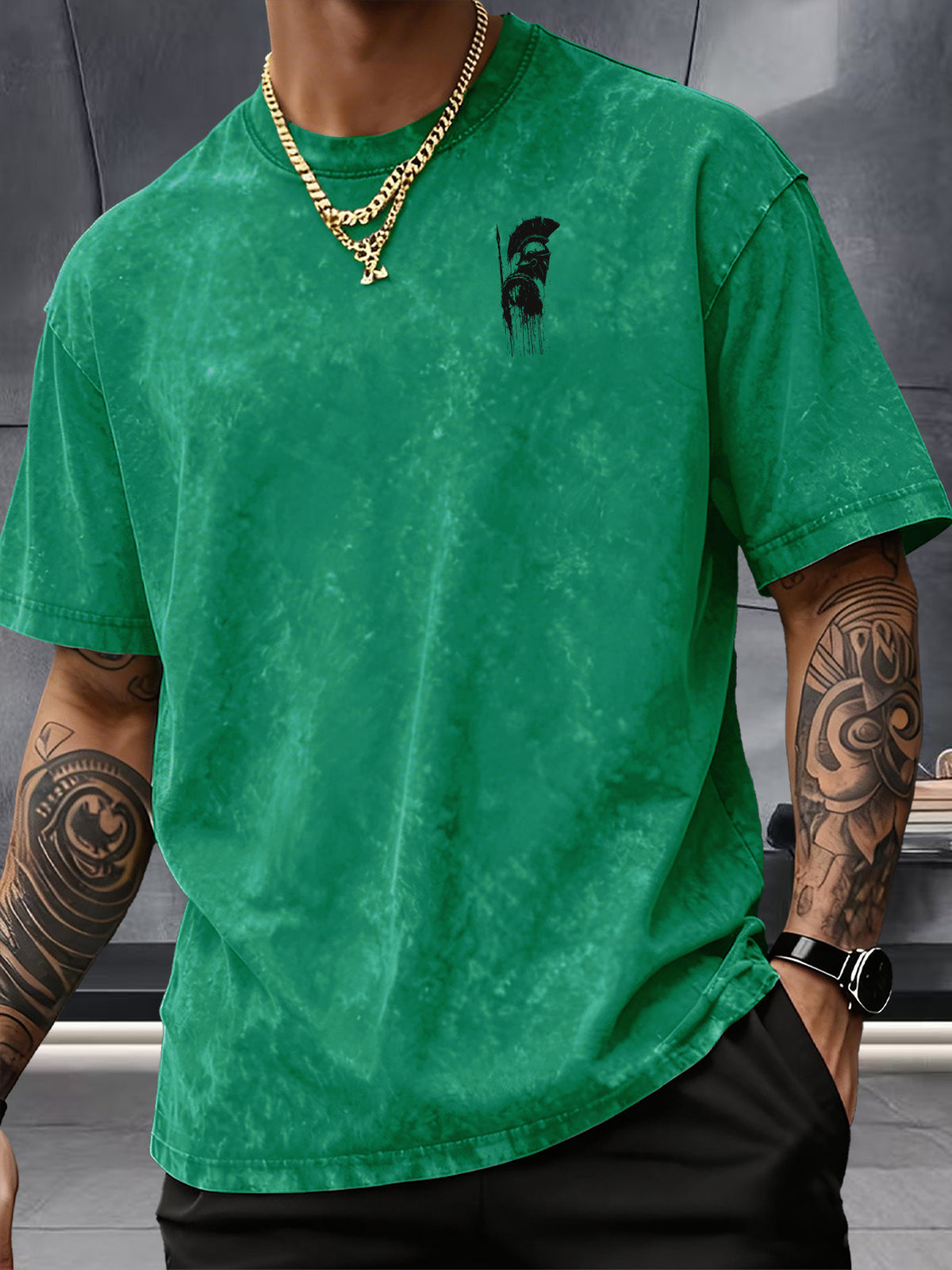 Short Sleeve T-Shirt, 100% Washed Distressed Loose Fit, Front And Back Double Print of Dark Ink Warriors, Casual Street Y2K Hip-Hop Style Couple'S Daily Commute Fitness Outing Statement Top - Green